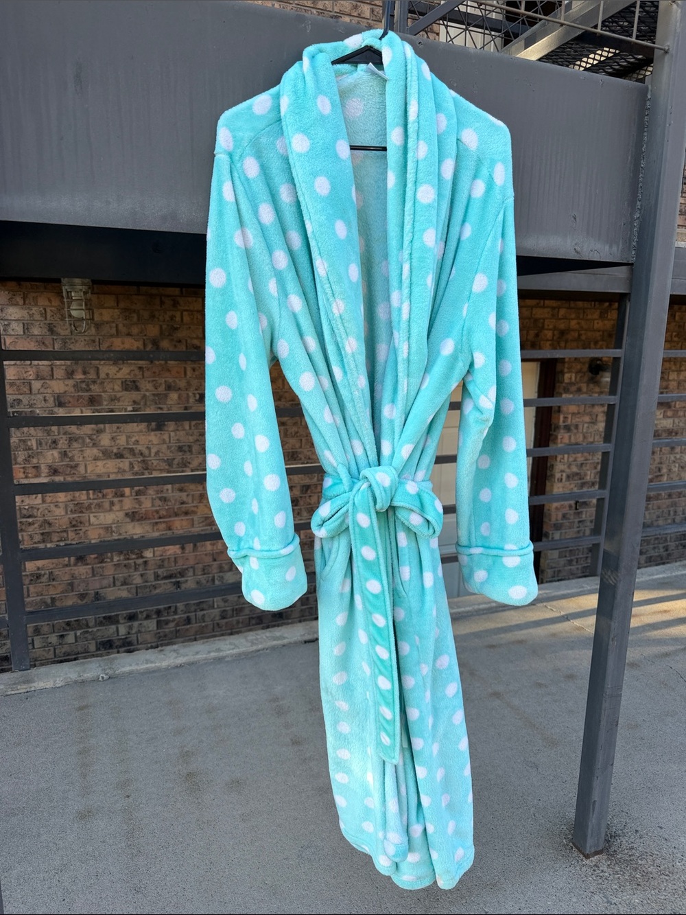 Secret Treasures Aqua Plush Robe with White Polka Dots